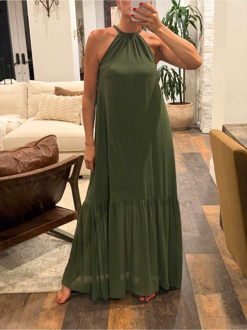 Pinko Olive Green Halter Maxi Dress